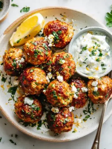 Mediterranean turkey feta meatballs with parsley and tzatziki