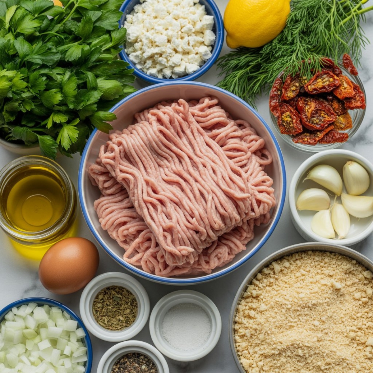 Ingredients for turkey feta meatballs with herbs and feta cheese