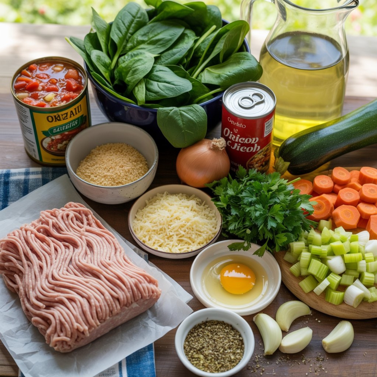 Fresh ingredients for homemade turkey meatball soup on kitchen counter