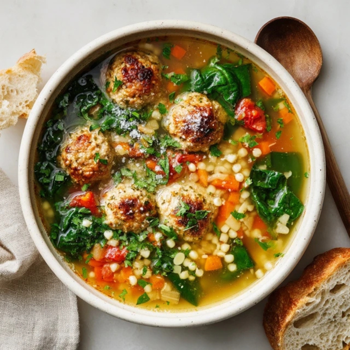 Hearty turkey meatball soup with vegetables and pasta in a white bowl