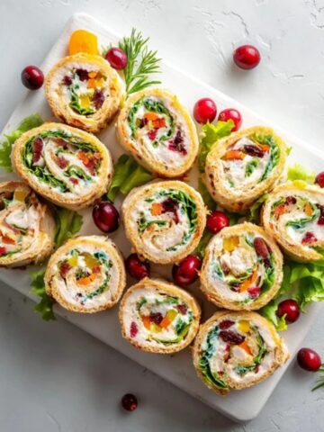 Homemade turkey roll ups with colorful veggies on white counter