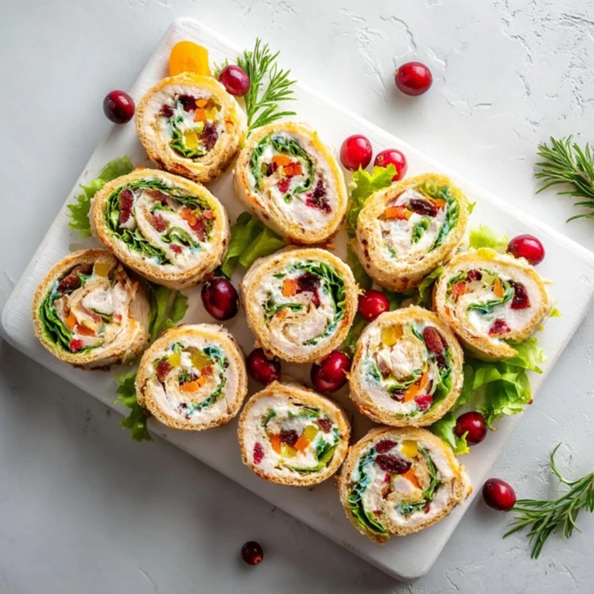 Homemade turkey roll ups with colorful veggies on white counter
