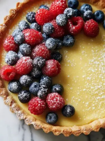 homemade vanilla cream tart with custard and berries