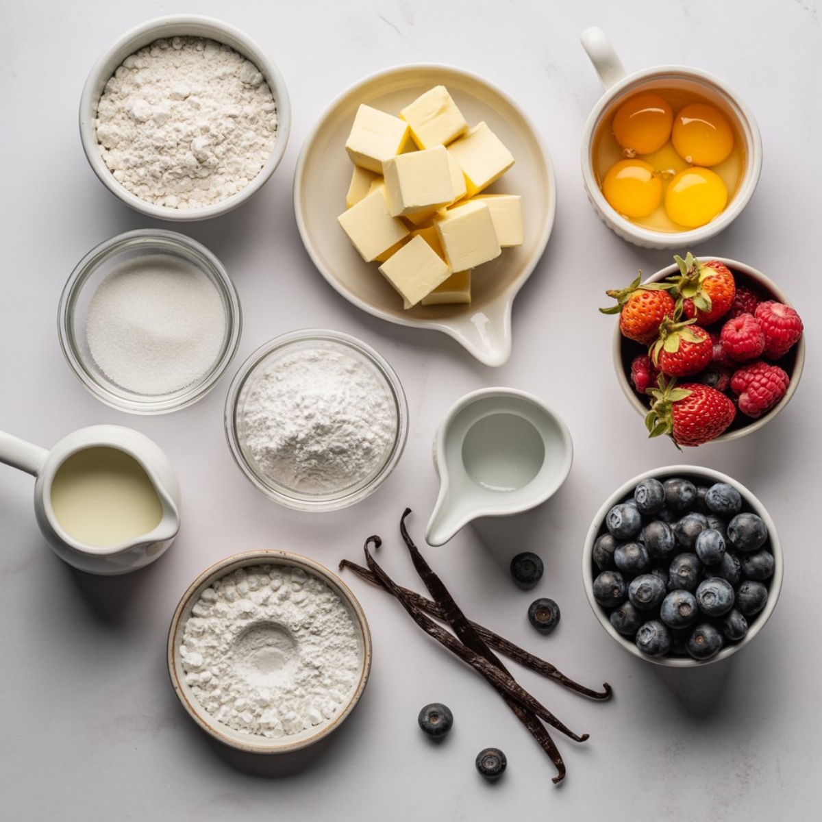 vanilla cream tart ingredients flat lay