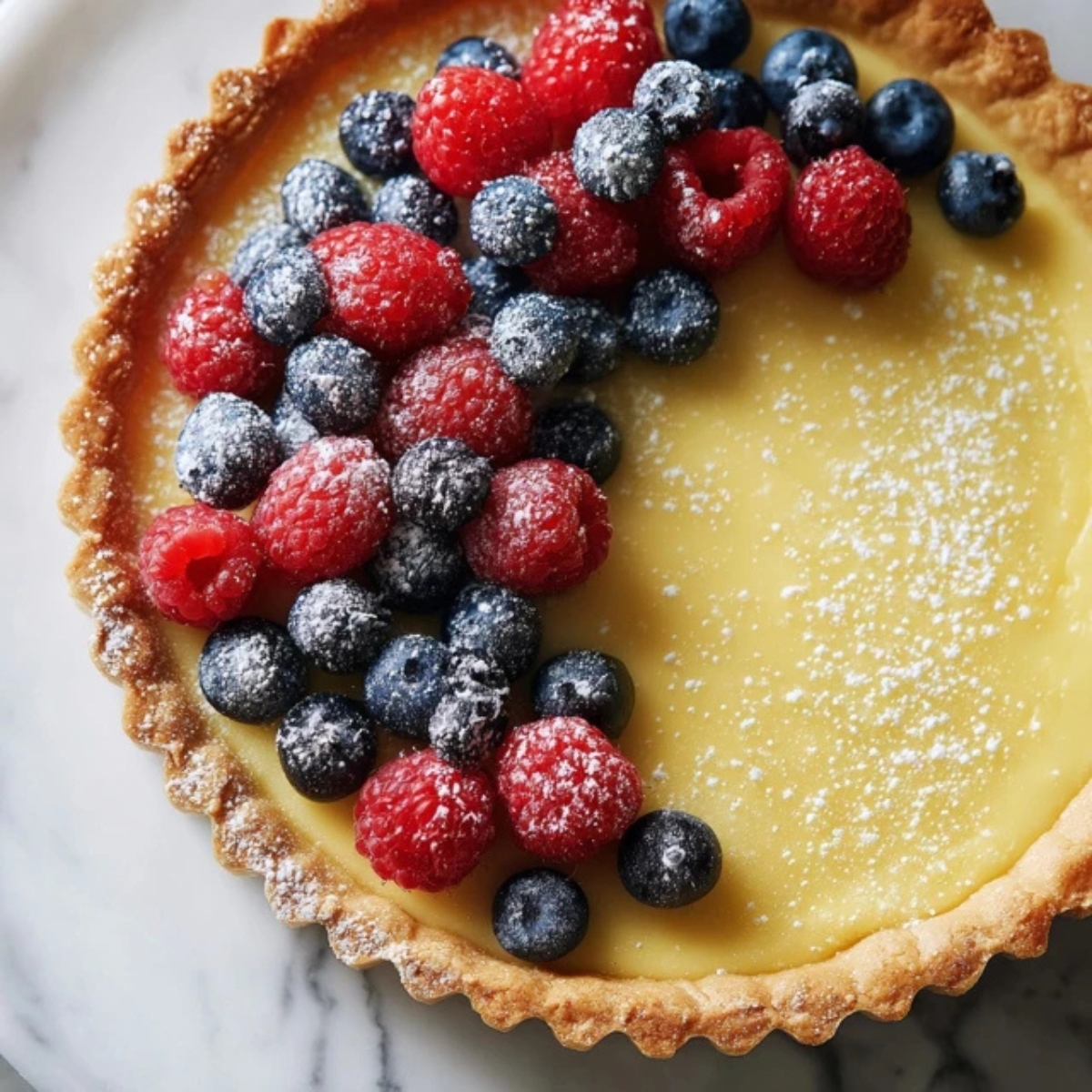 homemade vanilla cream tart with custard and berries