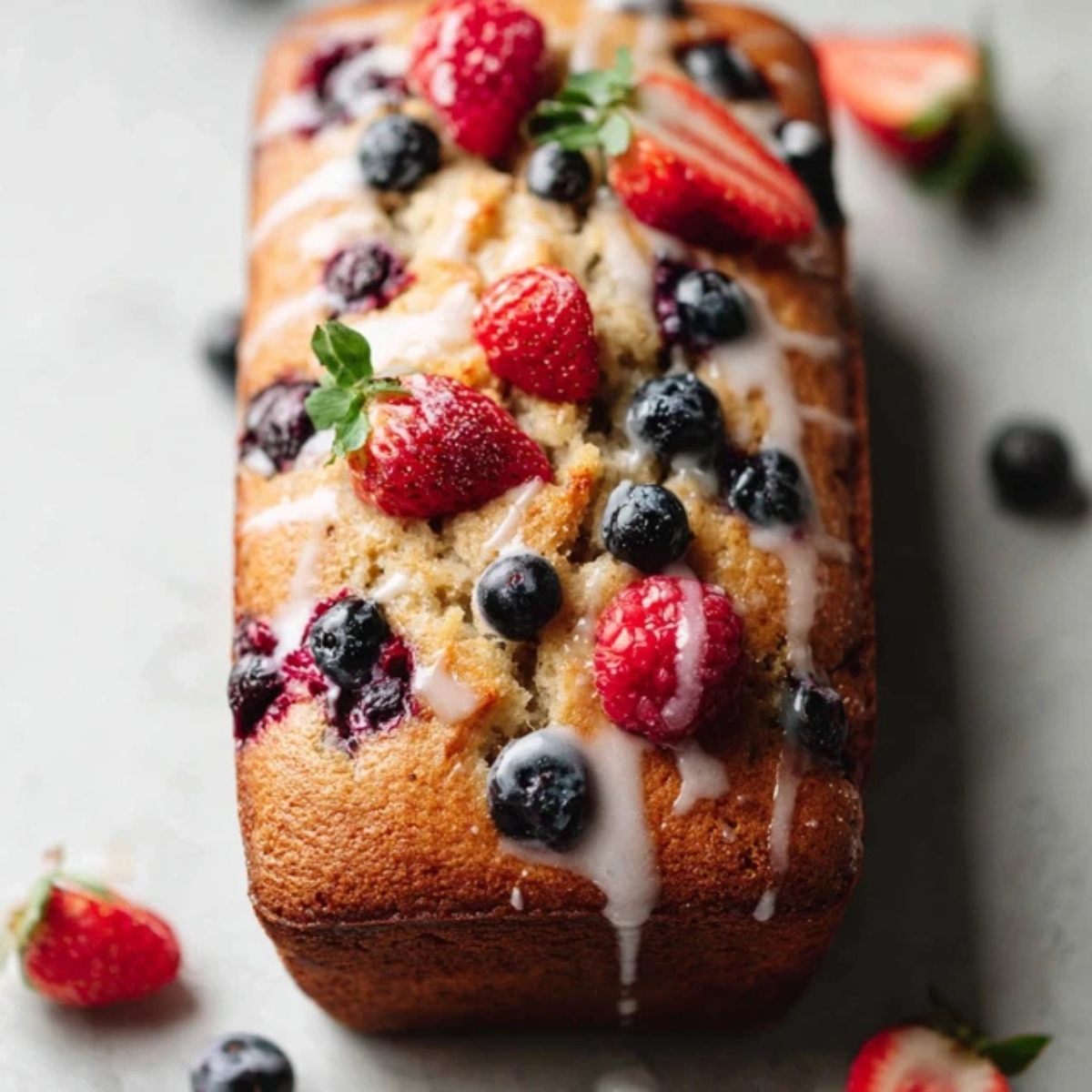 Moist very berry loaf cake with glaze on white kitchen counter