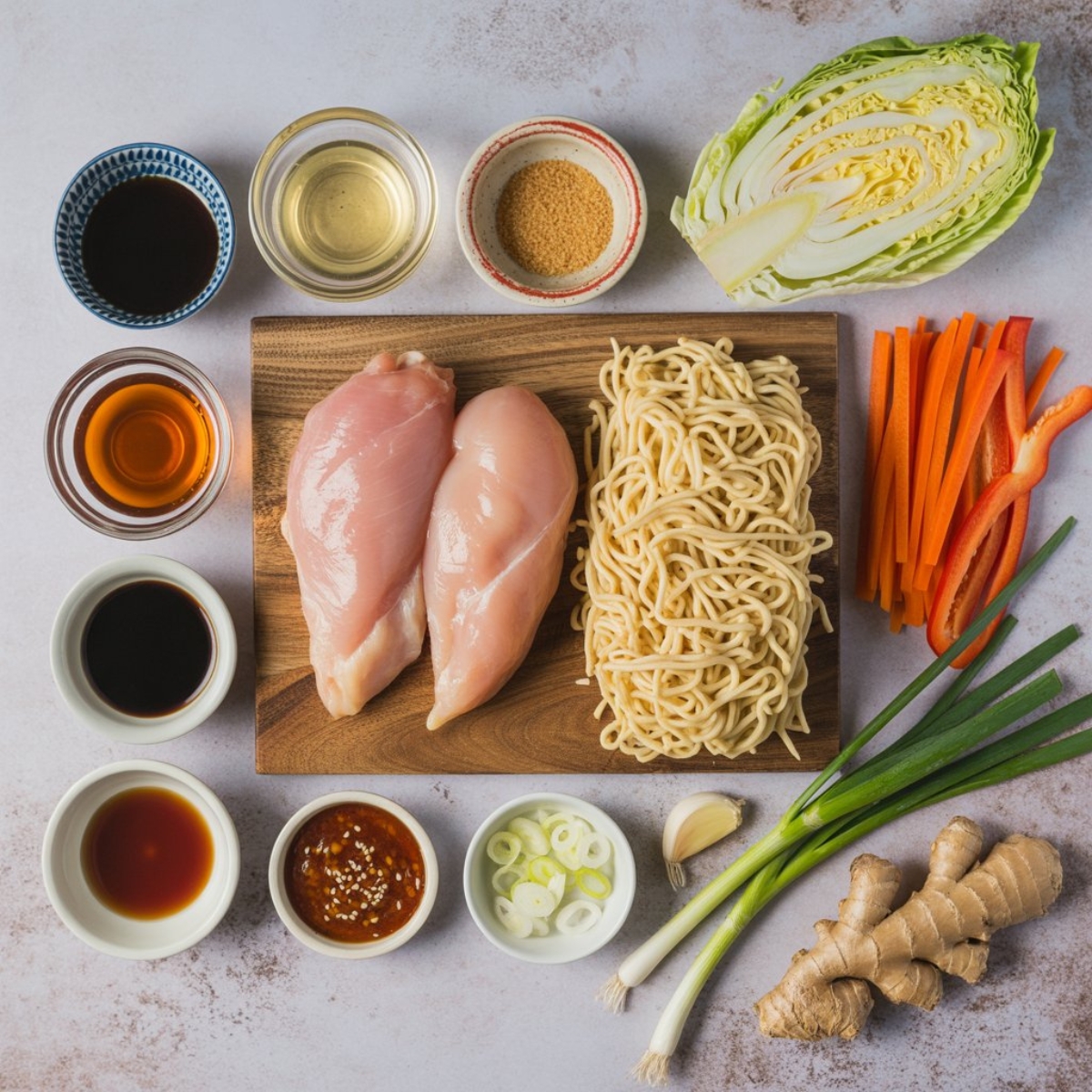 Ingredients for yakisoba spicy chicken laid out on kitchen counter