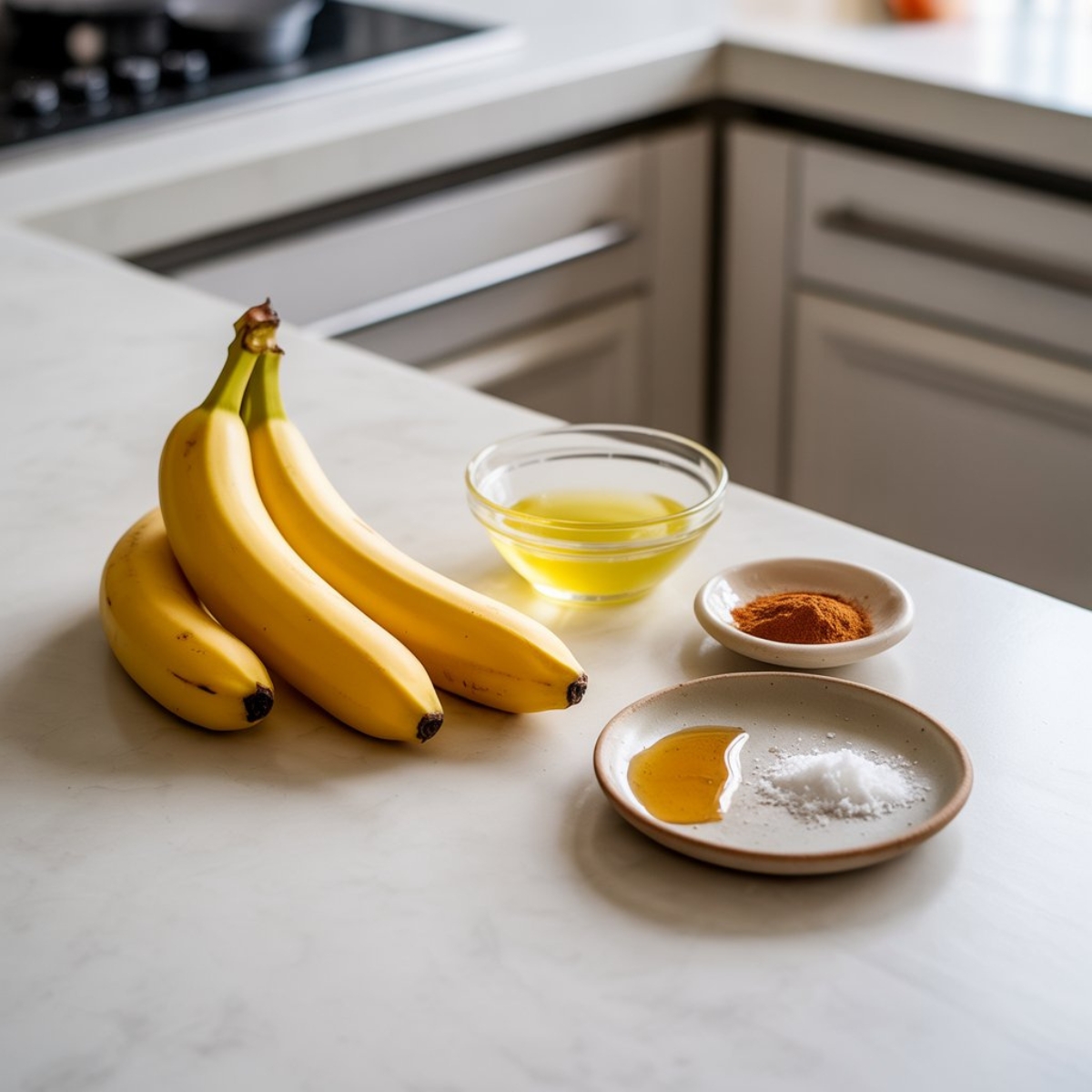 air fryer banana chips ingredients flat lay on white counter