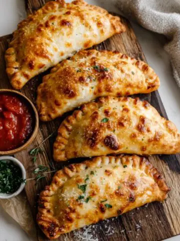 Golden crispy air fryer calzones with marinara dipping sauce on white kitchen counter