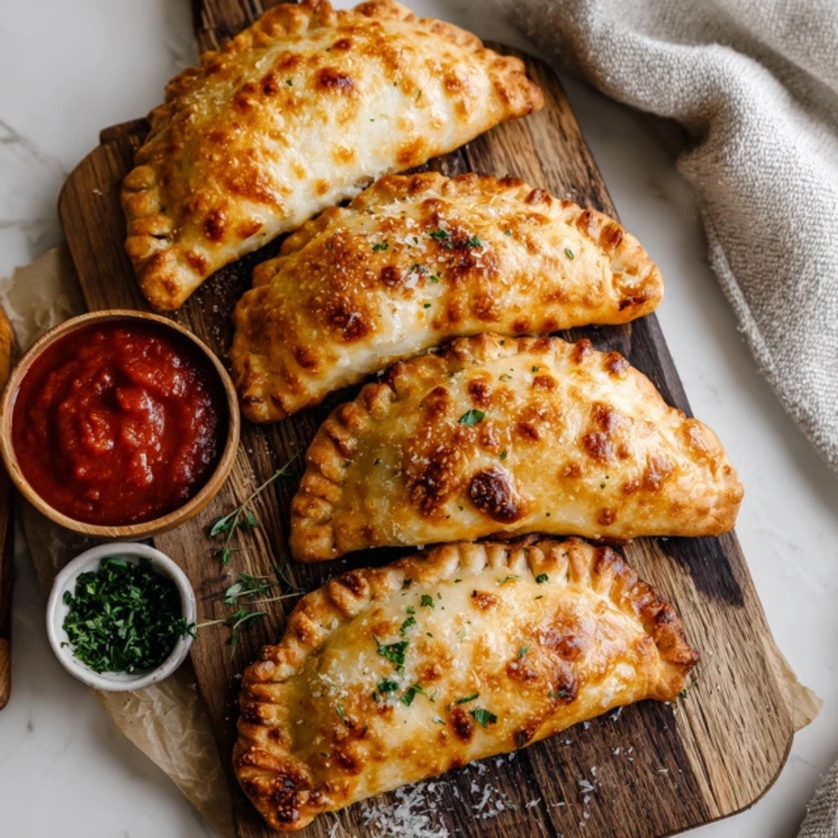 Golden crispy air fryer calzones with marinara dipping sauce on white kitchen counter
