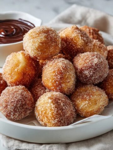 crispy air fryer churro bites with cinnamon sugar and chocolate sauce