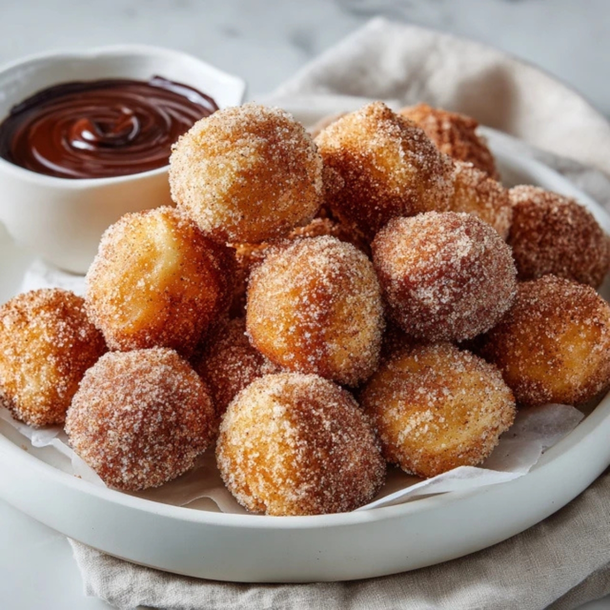 crispy air fryer churro bites with cinnamon sugar and chocolate sauce