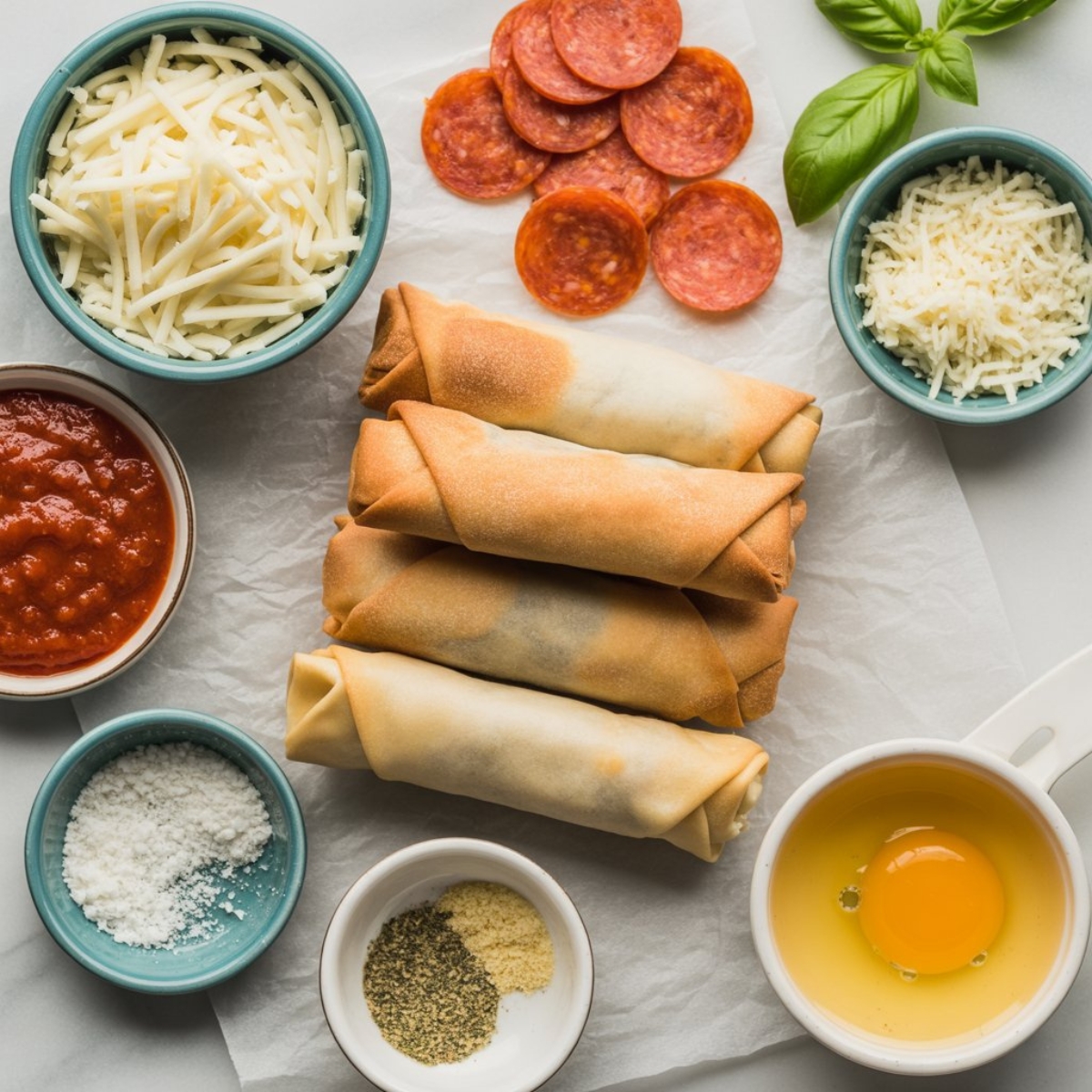 Ingredients for homemade air fryer pizza rolls on white kitchen counter
