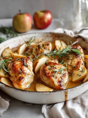 Savory apple chicken with caramelized apples and rosemary in skillet