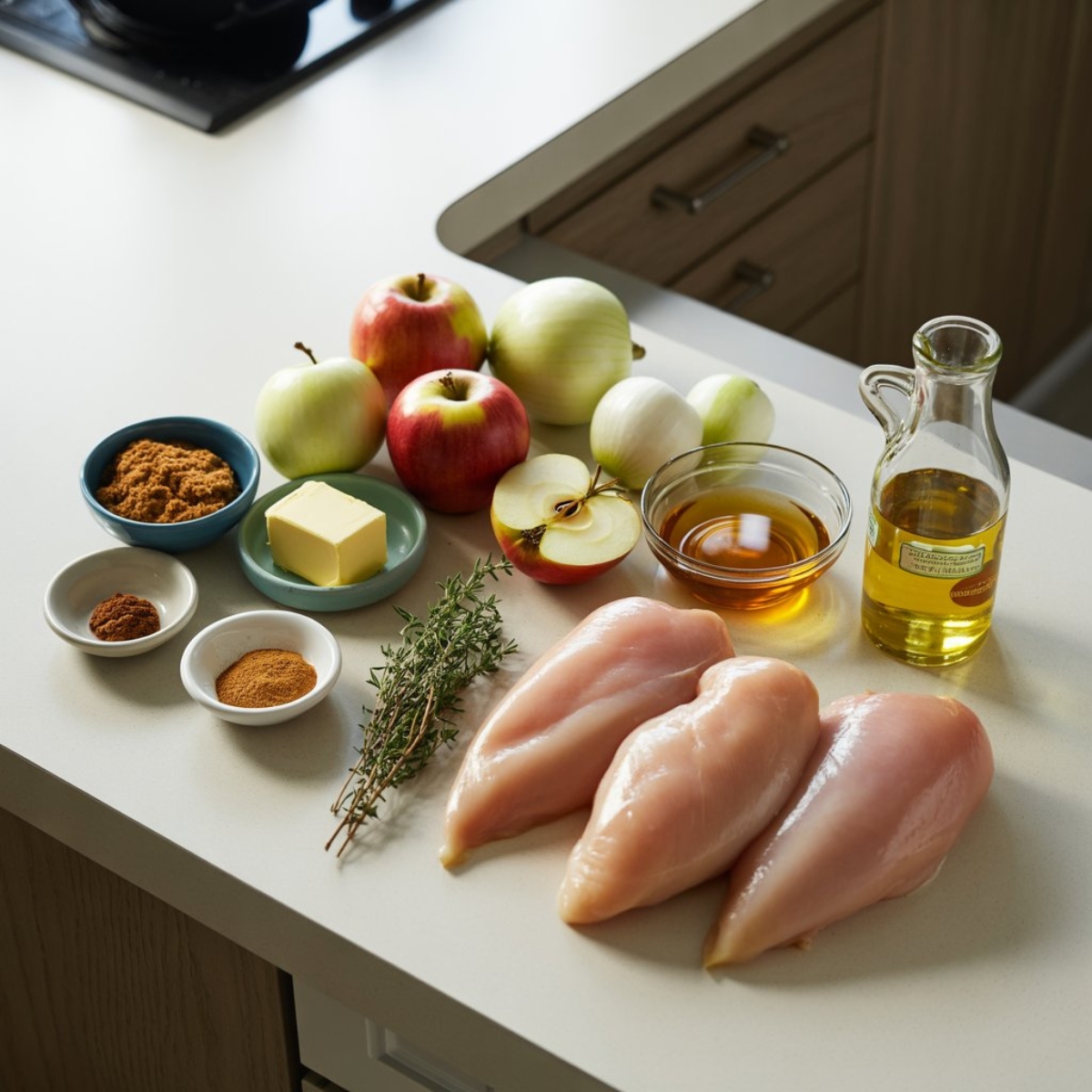 Apple chicken ingredients flat lay with apples, chicken, and spices
