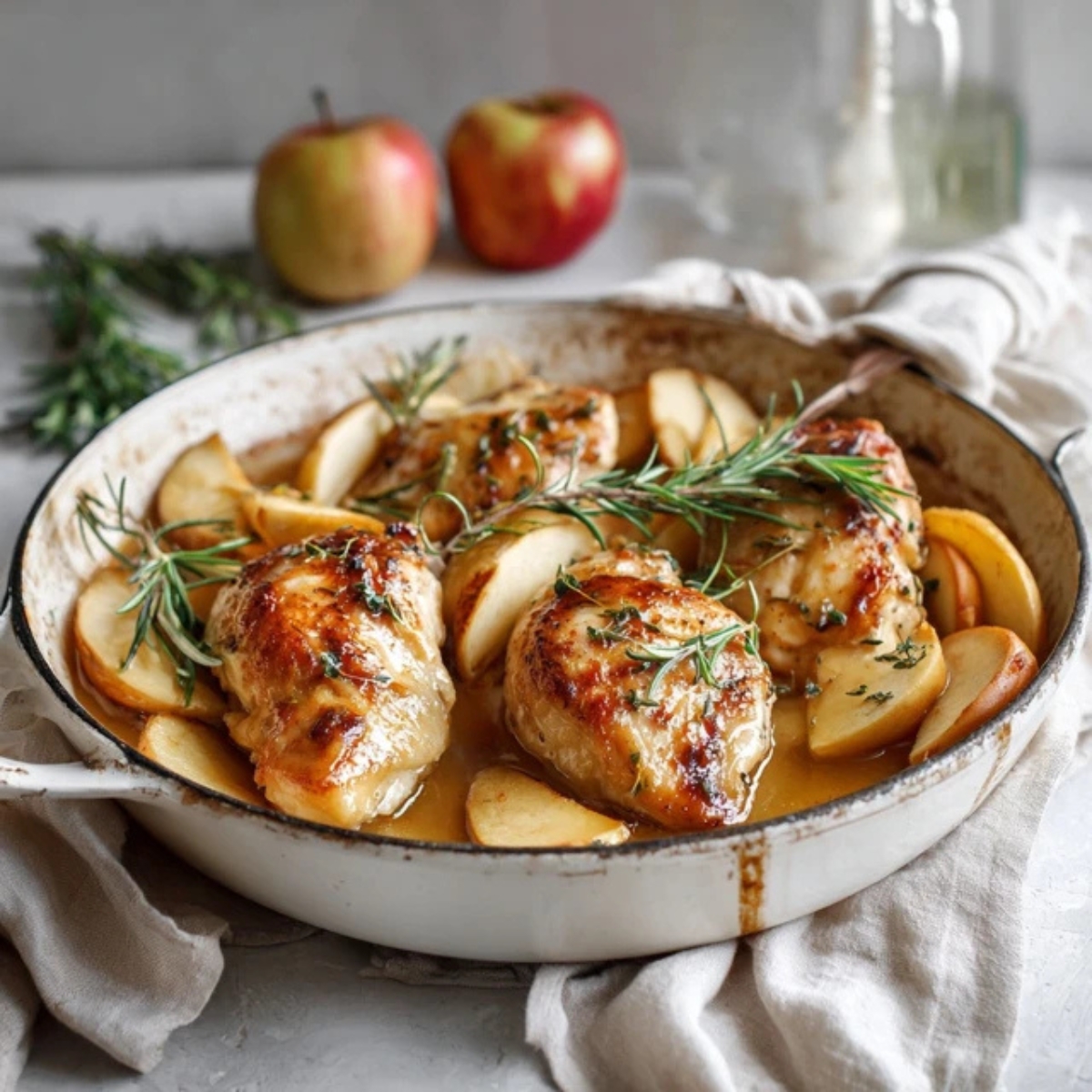 Savory apple chicken with caramelized apples and rosemary in skillet
