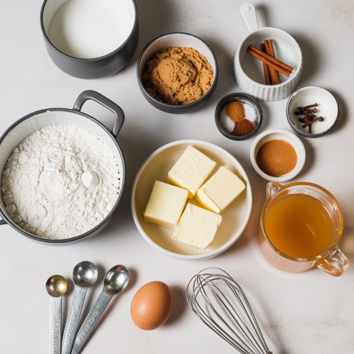Apple cider cookie ingredients displayed neatly on a white kitchen counter.