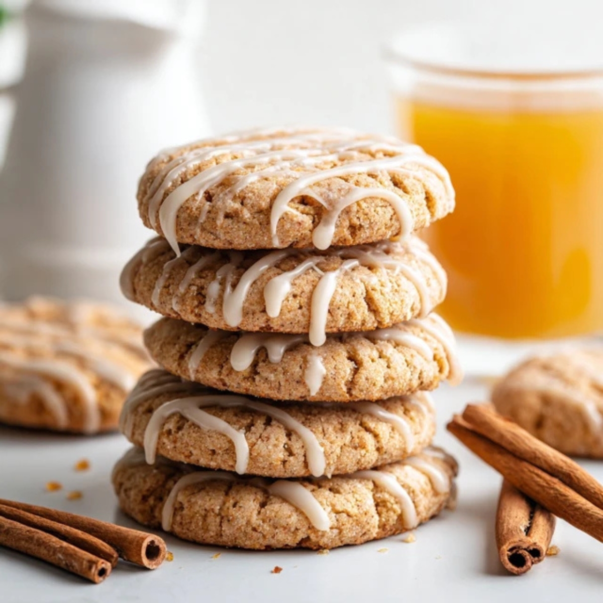 Soft glazed apple cider cookies stacked beside a glass of cider on a white kitchen counter.