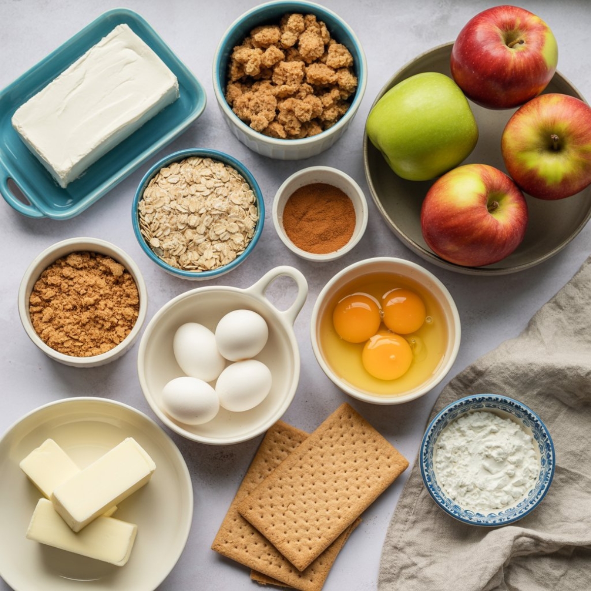 Alt text: Apple crumble cheesecake ingredients arranged on white kitchen counter