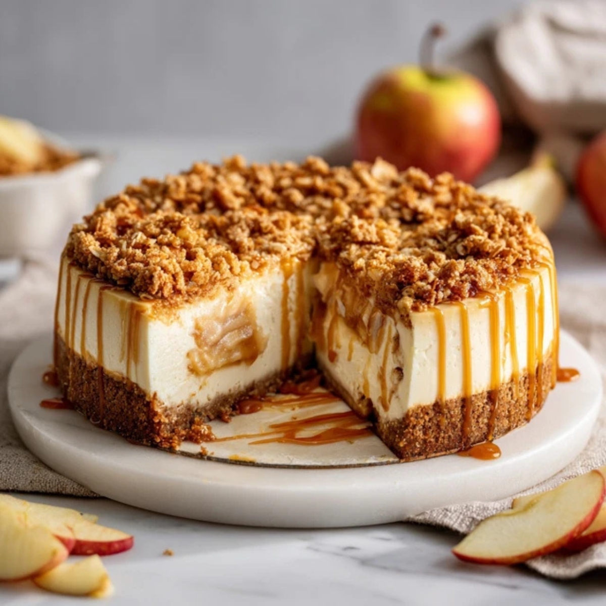 Apple crumble cheesecake with caramel drizzle on white kitchen counter