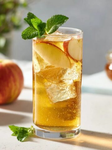 tall glass of apple iced tea with apple slices and mint on white kitchen counter