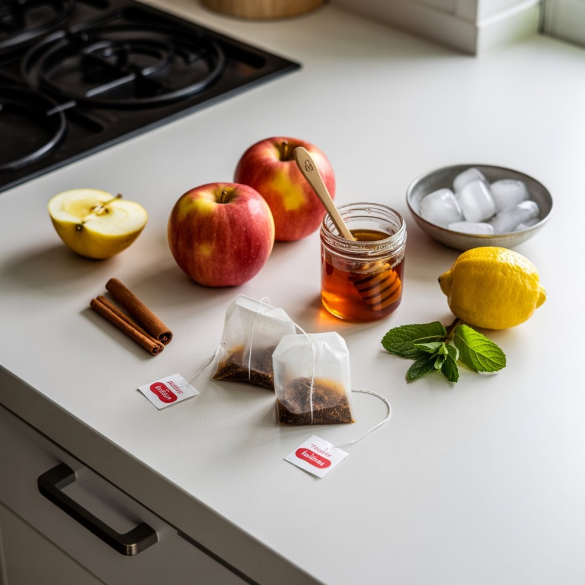 apple iced tea ingredients black tea apples honey lemon and mint on white counter