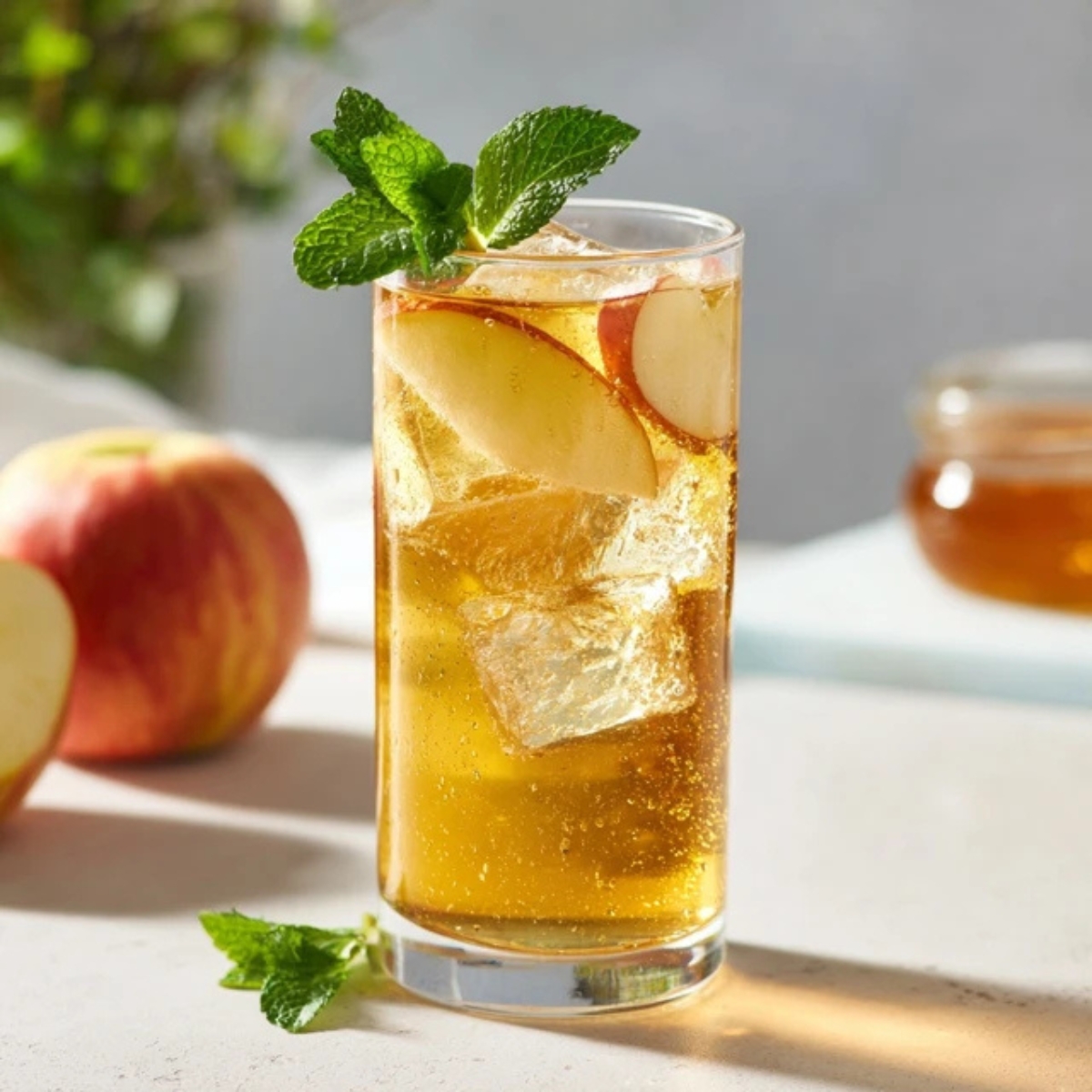 tall glass of apple iced tea with apple slices and mint on white kitchen counter