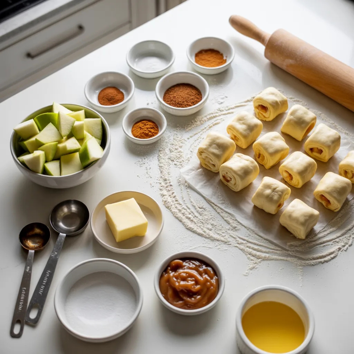 bowls of diced apples cinnamon dough and caramel on white counter