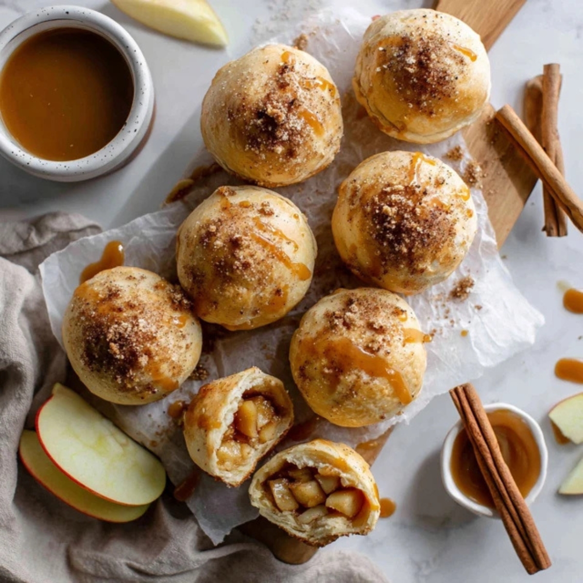 flaky apple pie bombs with caramel drizzle on white counter