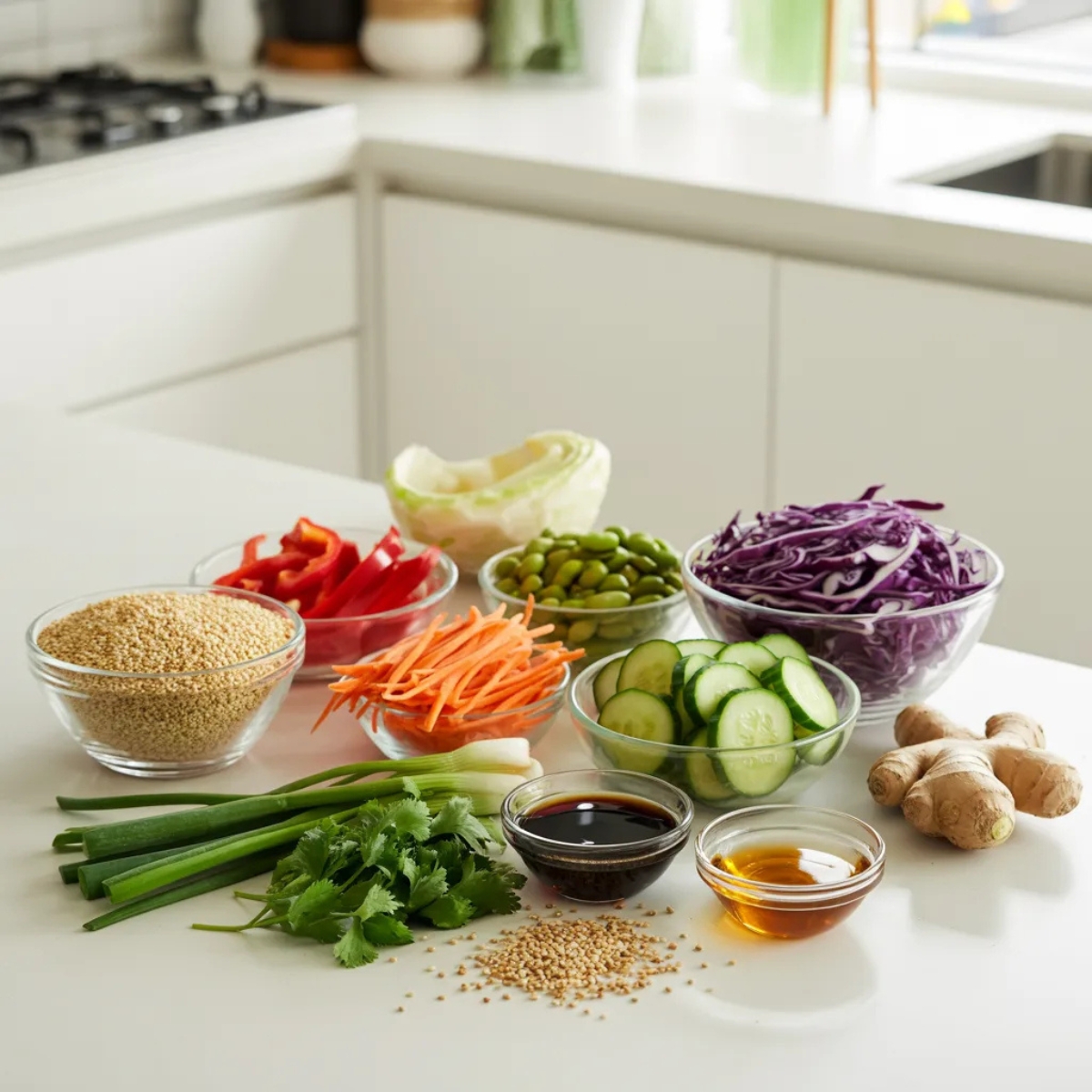 Fresh ingredients for Asian quinoa bowl with colorful veggies and sesame ginger dressing