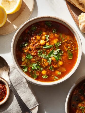 Warm bowl of authentic Moroccan harira soup with chickpeas, lentils, and herbs on white kitchen counter