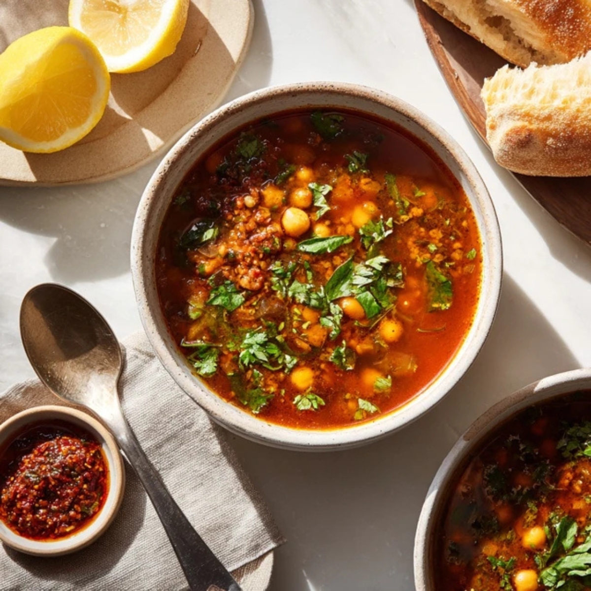 Warm bowl of authentic Moroccan harira soup with chickpeas, lentils, and herbs on white kitchen counter