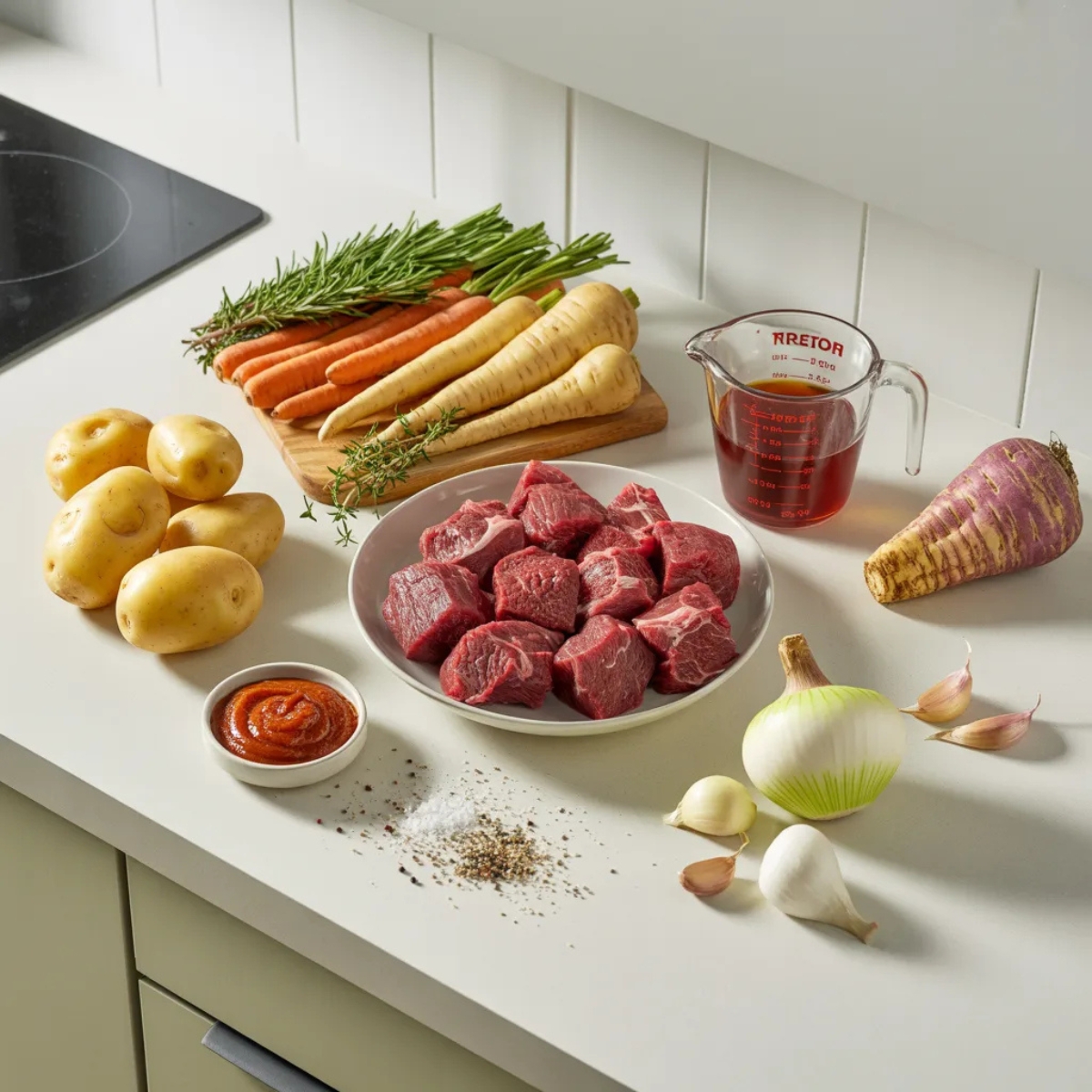 Fresh ingredients for Autumn Harvest Beef Stew on a kitchen counter