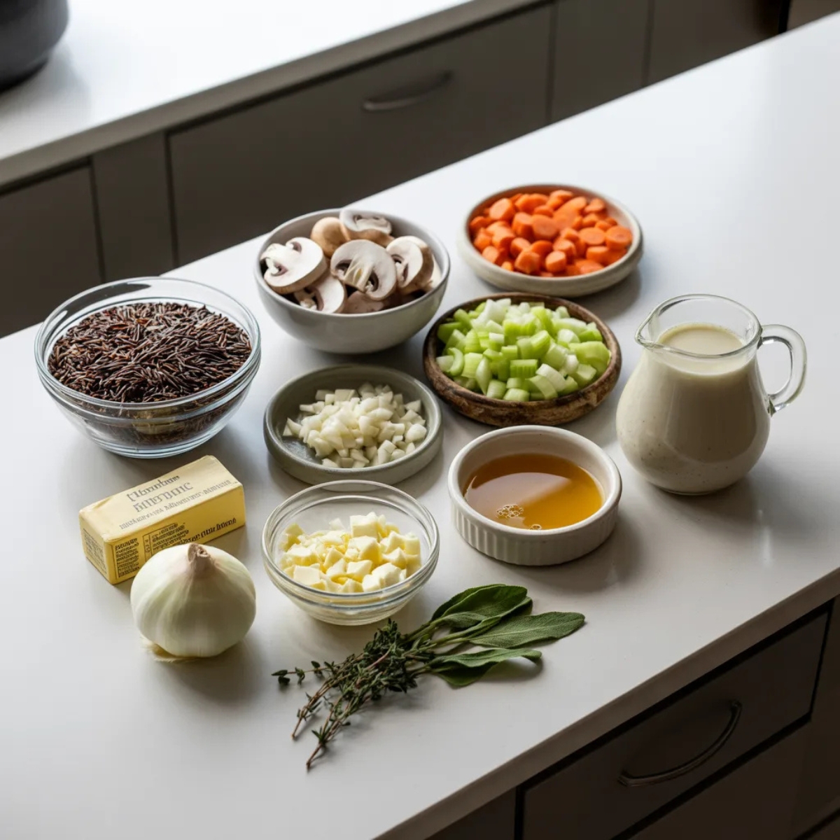 Ingredients for cozy autumn wild rice soup with wild rice, mushrooms, and vegetables