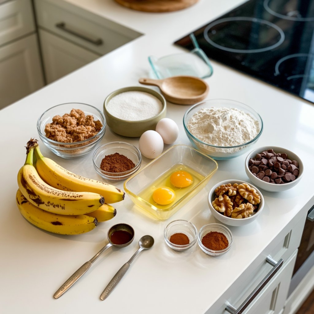 banana bread brownie ingredients on kitchen counter