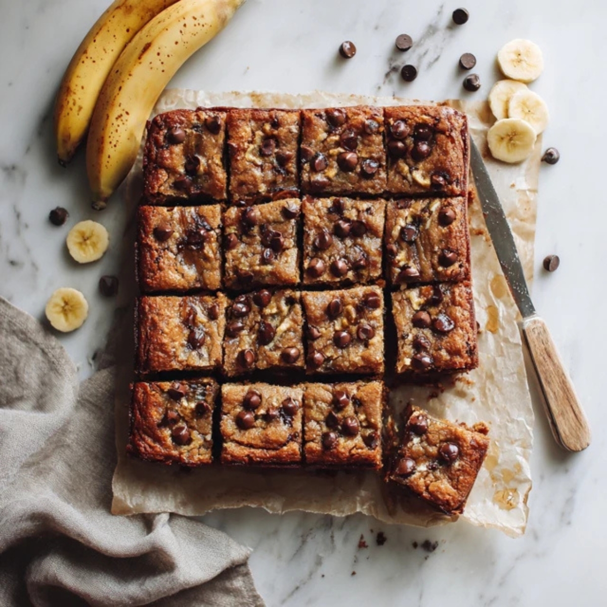 fudgy banana bread brownies on white kitchen counter