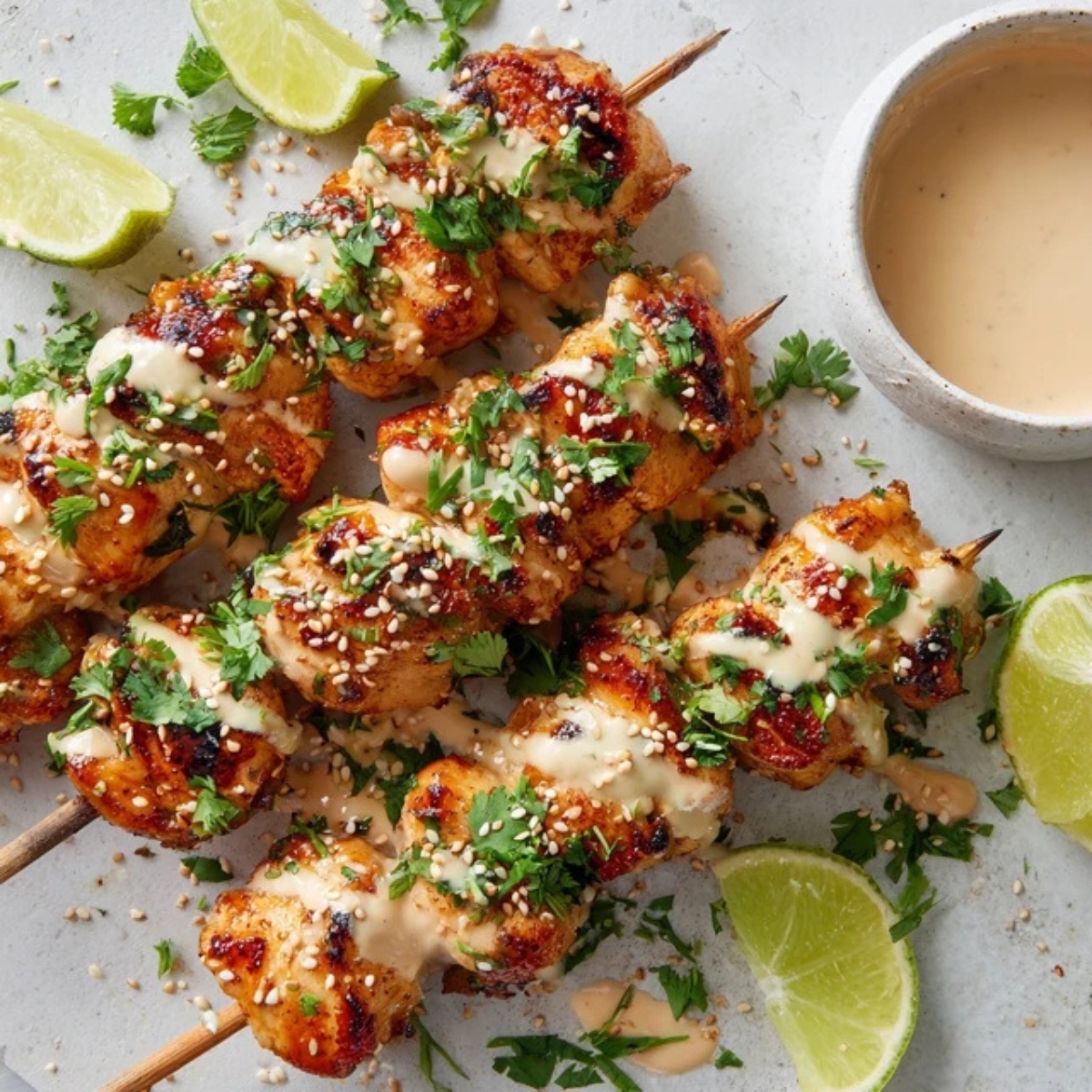Juicy homemade bang bang chicken skewers drizzled with creamy sauce on a white kitchen counter