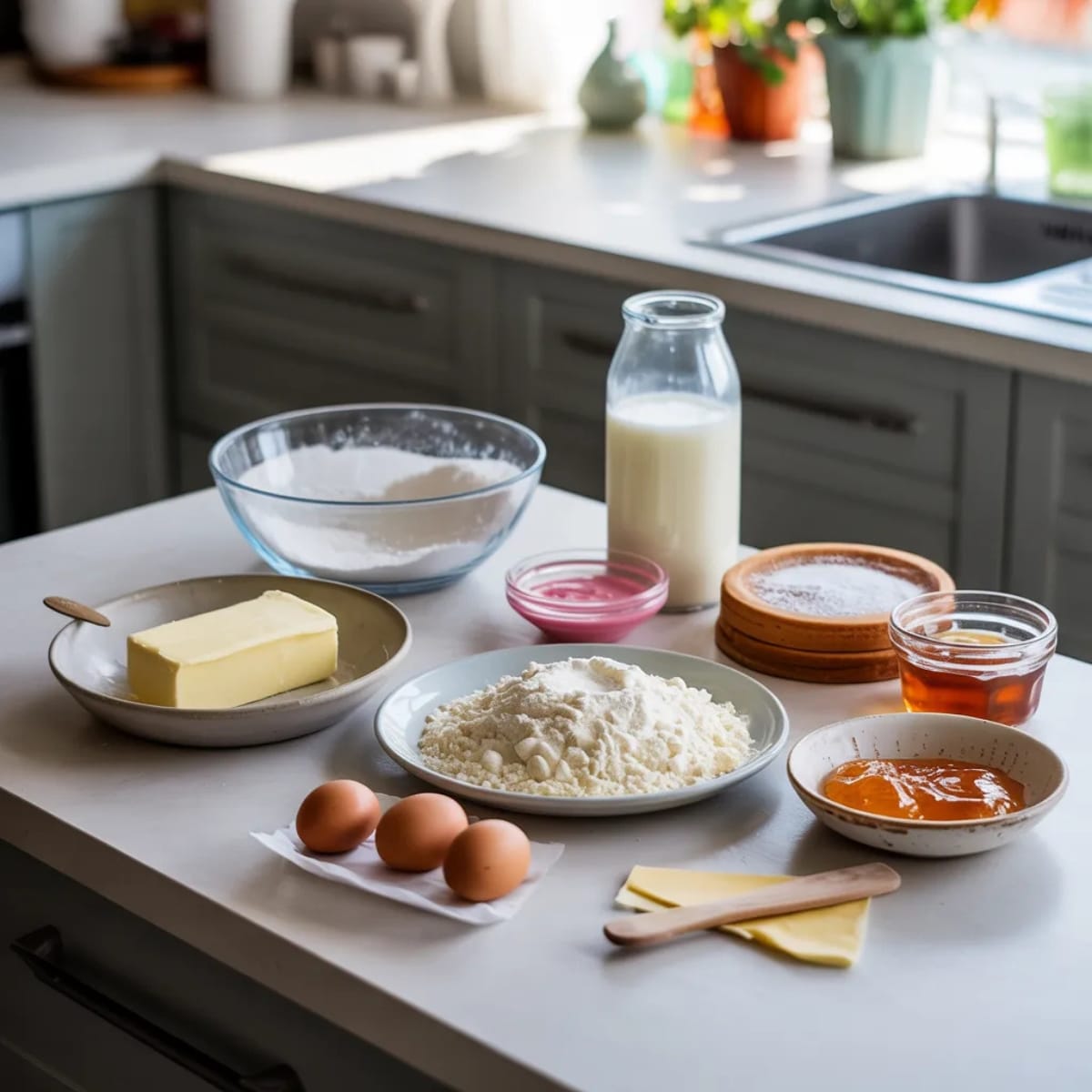 Flat lay of Battenburg Cake ingredients on white kitchen counter