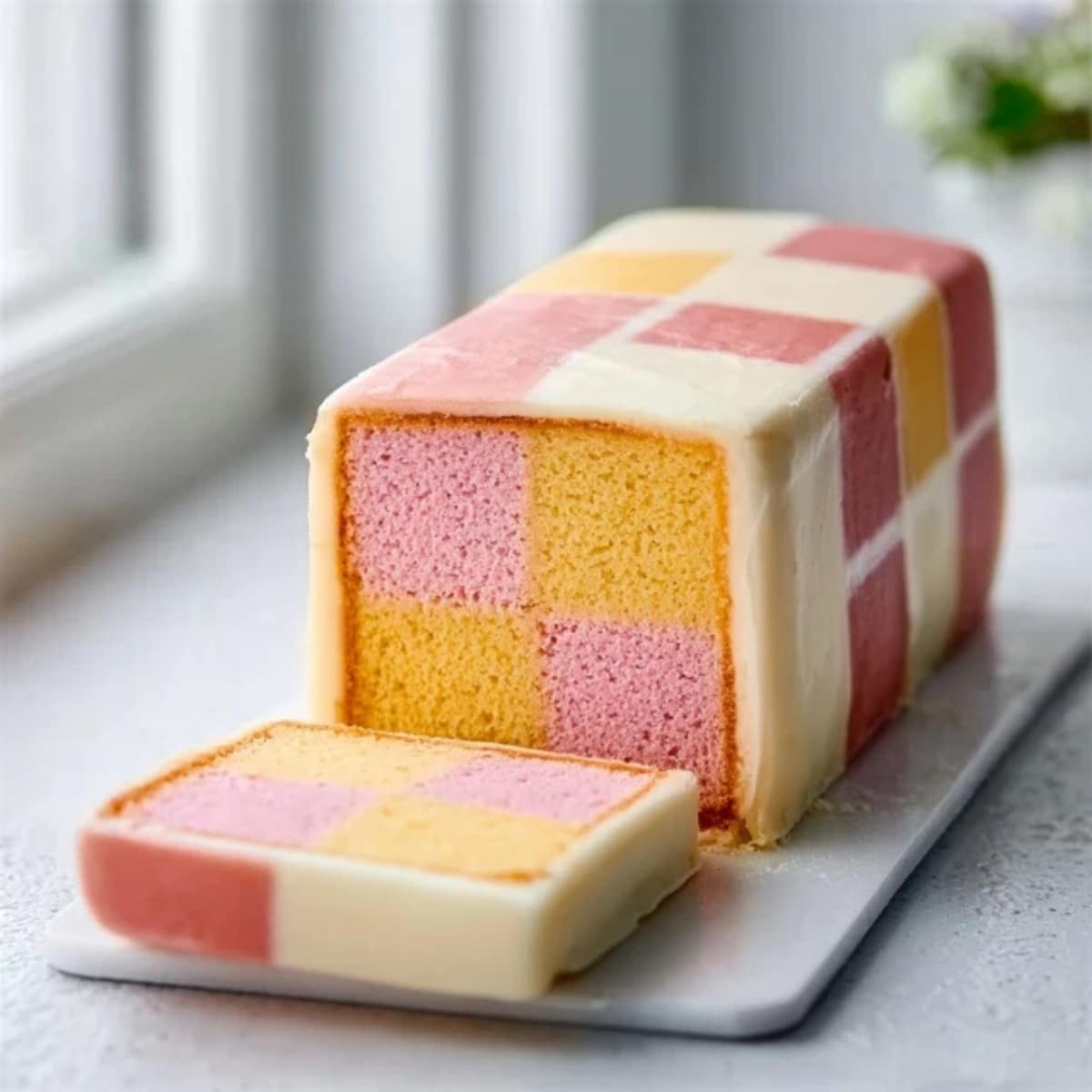 Homemade Battenburg Cake with pink and yellow checkerboard pattern on white kitchen counter