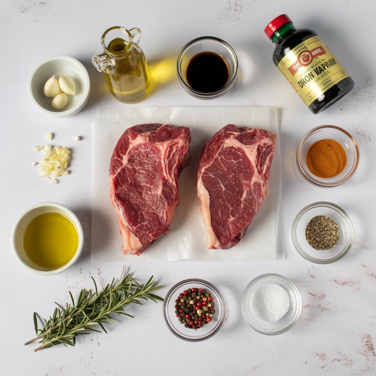 Bavette steak ingredients flat lay with herbs and marinade items on white counter