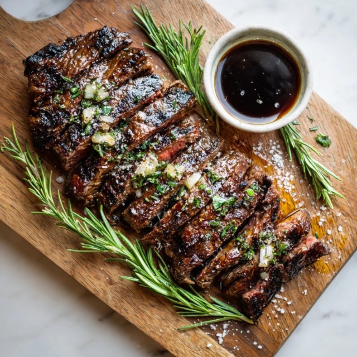Juicy sliced bavette steak with garlic butter and herbs on a white kitchen counter