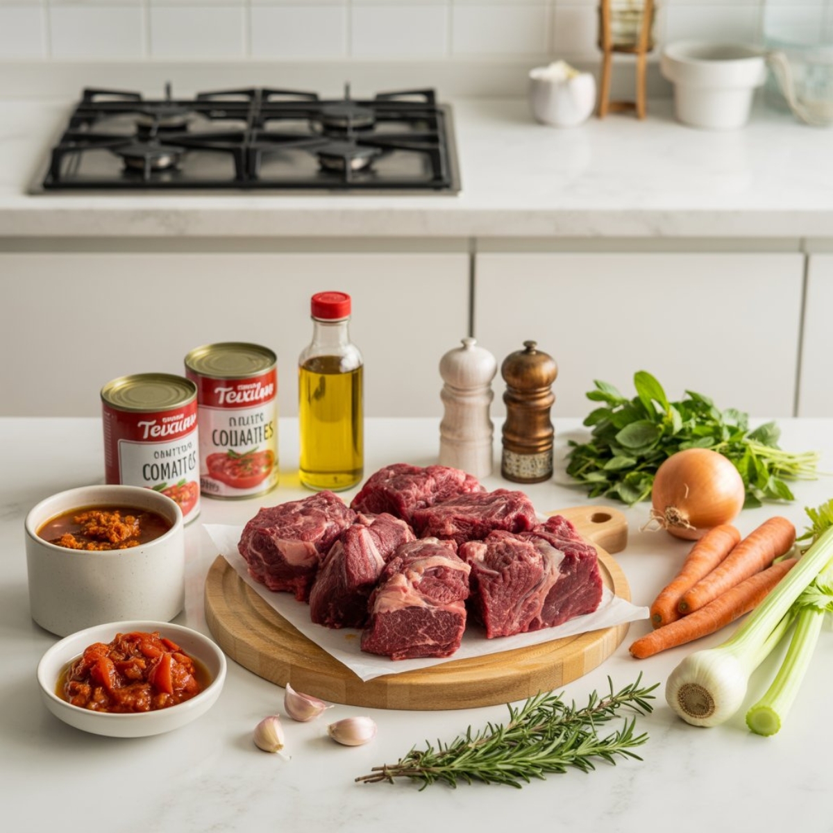 Flat lay of fresh beef ragu ingredients on a white kitchen counter