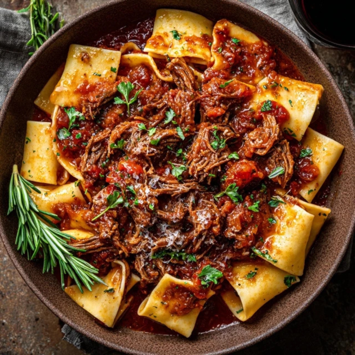 Homemade beef ragu with pappardelle pasta topped with parmesan and basil