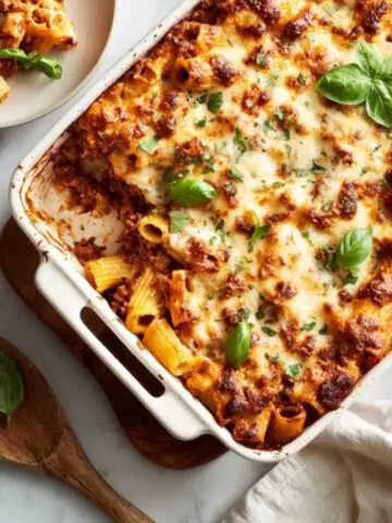 Cheesy baked beef rigatoni fresh from the oven on a white kitchen counter