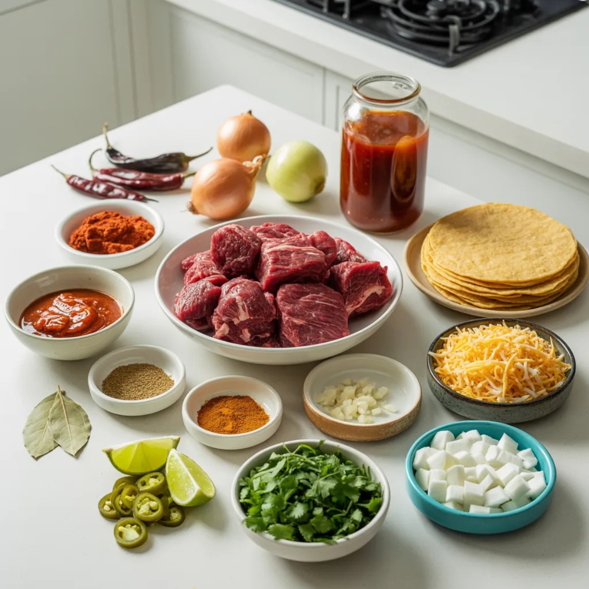 Birria tacos ingredients arranged in bowls on white kitchen counter