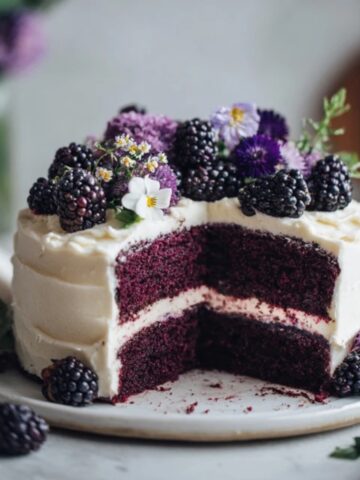 homemade blackberry velvet cake with cream cheese frosting and fresh blackberries on a white kitchen counter