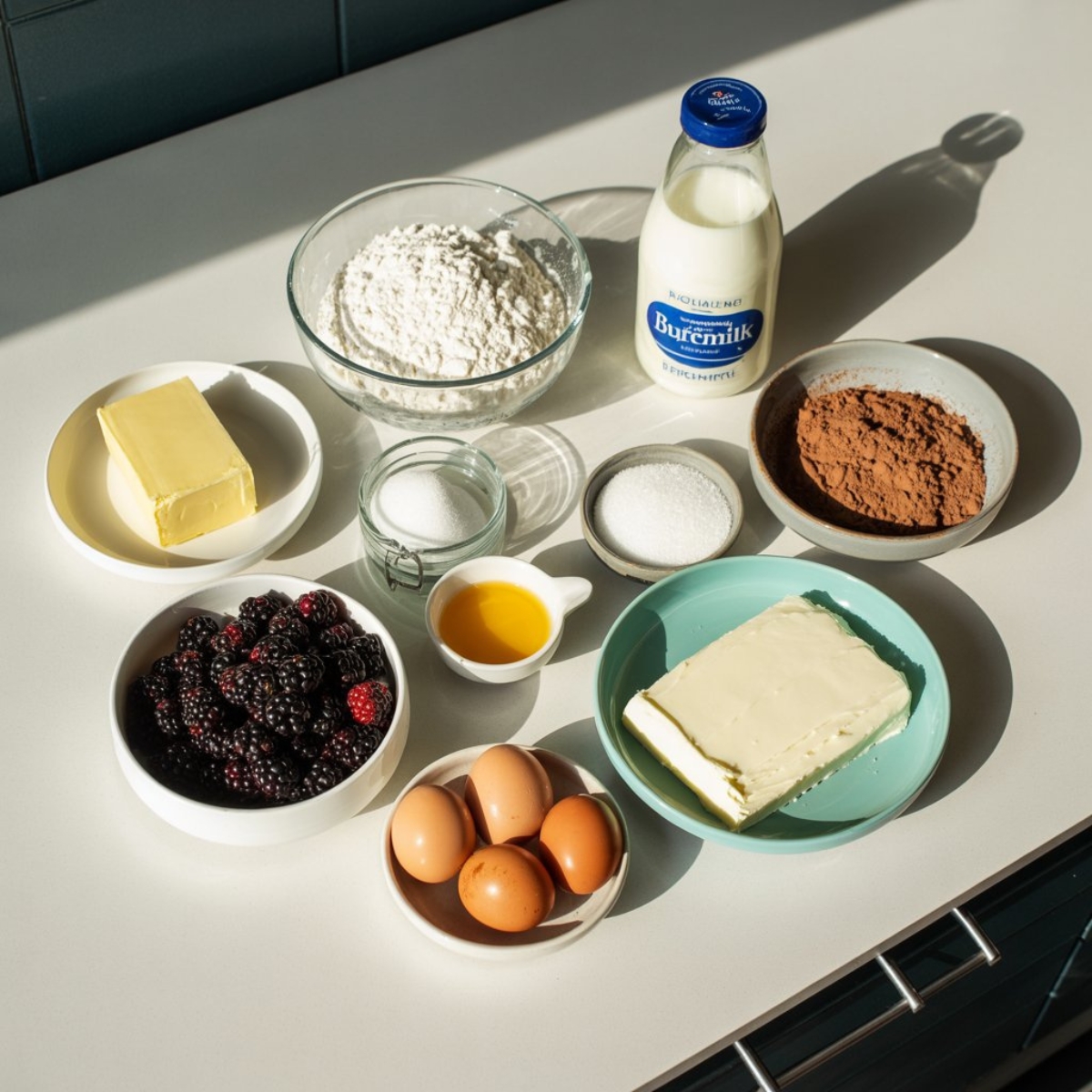 blackberry velvet cake ingredients including blackberries, flour, cocoa, butter, sugar, and eggs on a white kitchen counter
