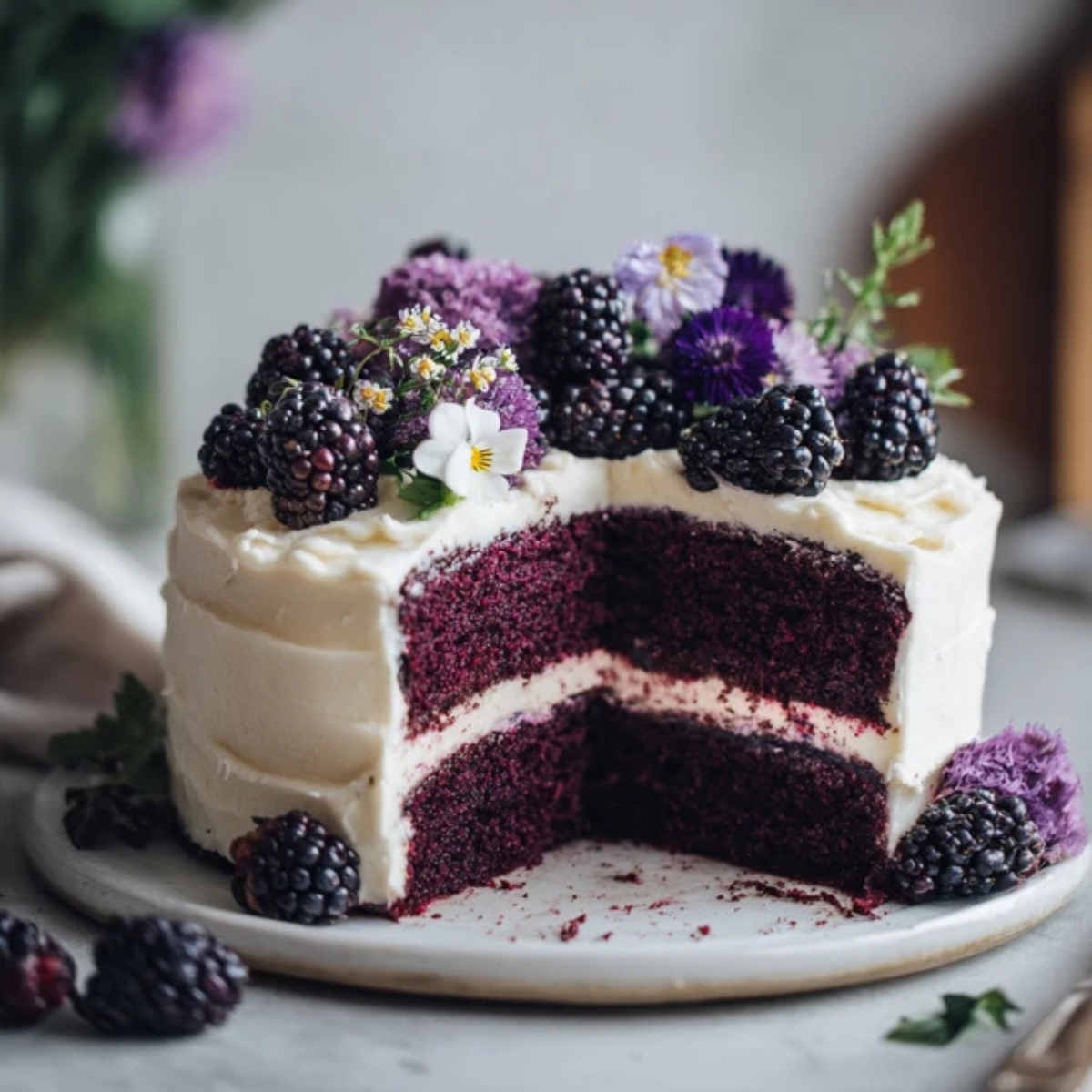 homemade blackberry velvet cake with cream cheese frosting and fresh blackberries on a white kitchen counter