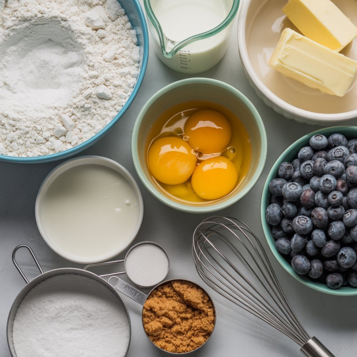 Blueberry buckle ingredients flat lay on white counter