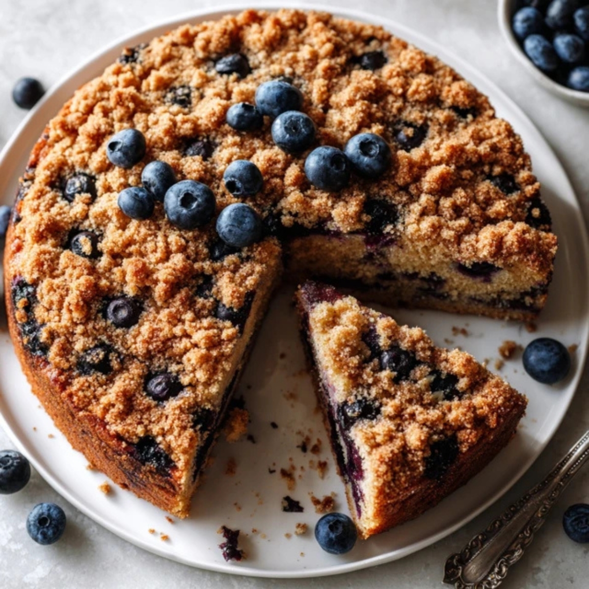 Homemade blueberry buckle with streusel topping on white counter